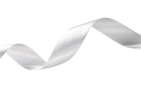 Silver satin ribbon flowing gracefully with metallic sheen and elegant curves creating sophisticated visual movement, isolated on a transparent background