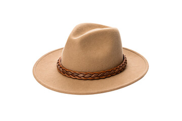 Tan felt fedora hat with braided leather band displayed against white, isolated on a transparent background