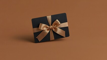 Elegant black gift card with metallic gold bow on soft brown backdrop perfect for celebration themes