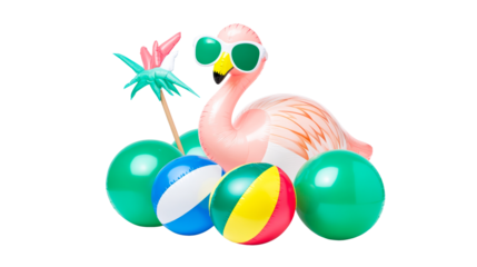 Colorful beach toys including flamingo and balls for summer fun