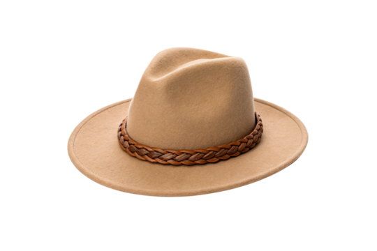 Tan felt fedora hat with braided leather band displayed against white, isolated on a transparent background