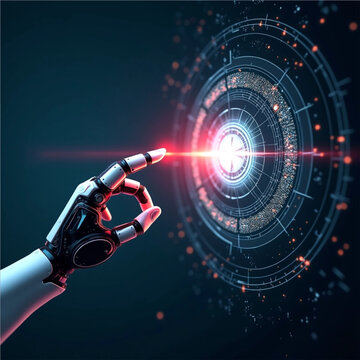 Futuristic Robotic Hand Interacting with Advanced Technology