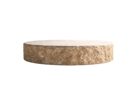 Circular sandstone or limestone display stand with weathered organic surface texture, isolated on a transparent background