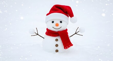 A cheerful snowman wearing a red santa hat and scarf stands in the snow during a gentle snowfall