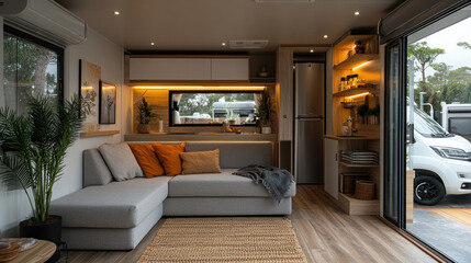 Modern and cozy interior of a residential or mobile home (camper) with a gray corner sofa decorated with orange and beige pillows. 