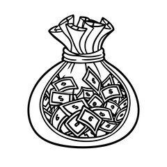 A vintage brown bag of money is isolated beside a glass wine bottle