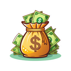 Illustration of a green bag filled with dollars, symbolizing financial success, wealth, and banking savings