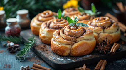 Appetizing fresh cinnamon buns, decorated with powdered sugar and mint, are laid out on a wooden board.  