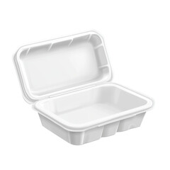 Empty white disposable food container with open lid for takeaway meals isolated on white transparent background