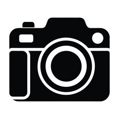 Simple black silhouette of a camera with a lens and flash isolated on white background silhouette