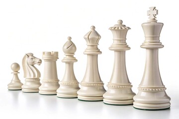 Set of white chess pieces are lined up isolated on a white background