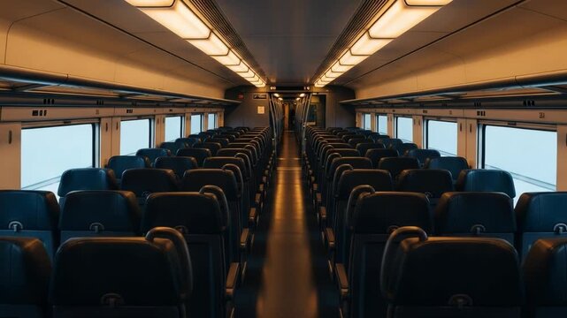 The empty interior of a modern train carriage with rows of seats receding into the distance, illuminated by overhead lights
