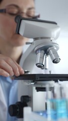Female scientific researcher wearing protective equipment checking microscope, analyzing blue test...