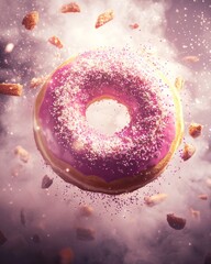 Fototapeta premium Donut with Pink Frosting, Sprinkles, and Floating Bread Pieces