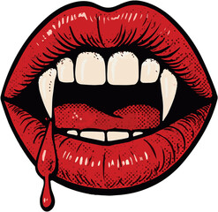 A Vampire's Glimpse Grotesque Red Lips with Sharp Fangs and a Drip of Blood