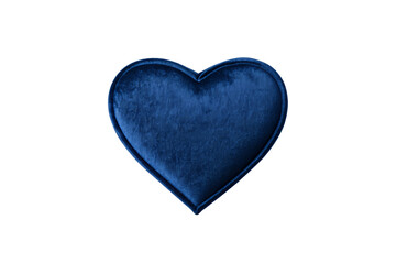Deep blue velvet heart-shaped pillow with soft plush texture, romantic decorative cushion with classic heart silhouette, isolated on a transparent background