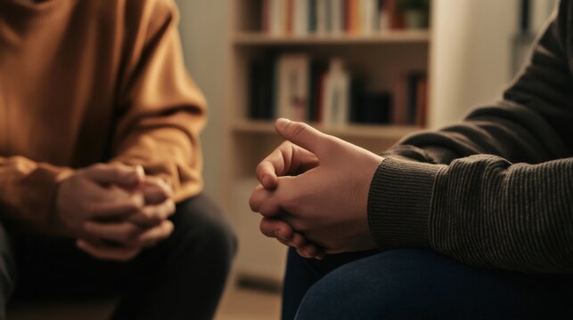 Two patients are clasping their hands during a therapy session, seeking stress relief and discussing anger management techniques for improved time management and deadline handling