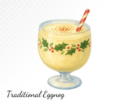 Watercolor illustration of traditional holiday eggnog in a vintage glass with grated nutmeg and a red striped straw on a white background. Vector illustration.