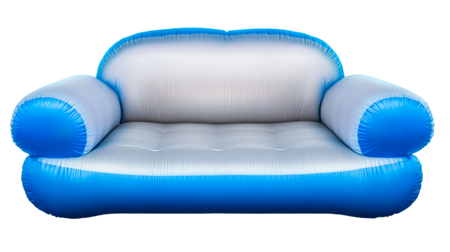 Inflatable sofa in blue and white colors, cut out transparent