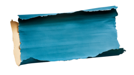 Torn blue paper sheet fragment, ragged edge shape, cut out transparent