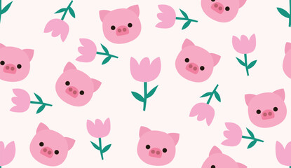 flat seamless cute pig animal pattern in pink background