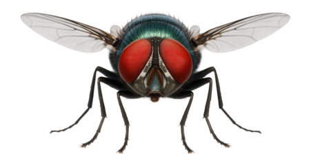 Housefly with metallic blue-green body and large red compound eyes