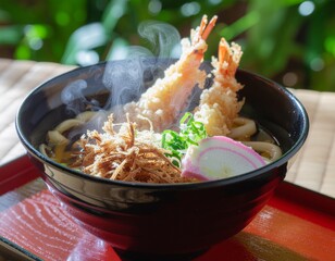 湯気立つ海老天うどん