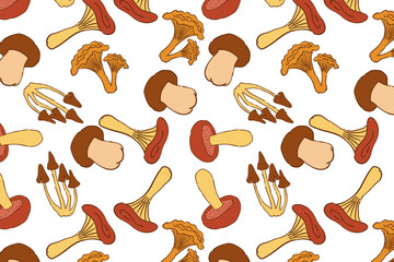 Colorful mushroom pattern, swatch available in swatches panel, seamless fall design with boletus, chanterelles, and fungi on white background © Nataliya Dolotko