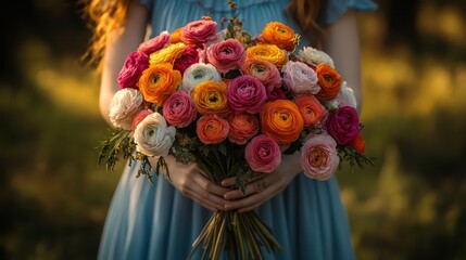 Close-up of person holding colorful flower bouquet with sunlight filtering through petals.