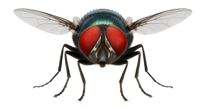 Housefly with metallic blue-green body and large red compound eyes