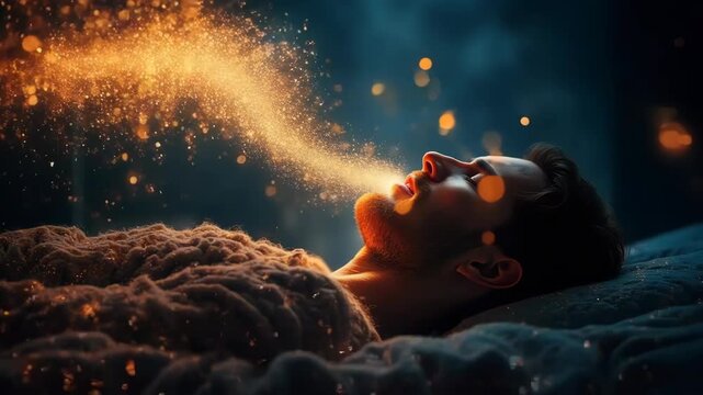 Abstract concept of a man's breath as glowing particles during a deep dream.
