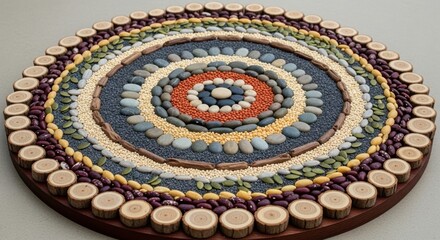 Circular mosaic artwork crafted from natural materials and beans