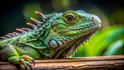 Obraz premium A vibrant green iguana rests on a wooden branch in nature