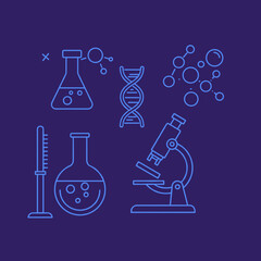 STEM science tools. Lab equipment and molecules icon set for dark backgrounds