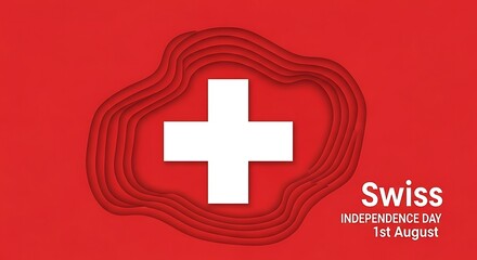 Fototapeta premium Swiss Independence Day: Layered Red Background with White Cross and Text