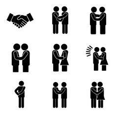 Touch Gesture Icons. Solid, filled icon set of touch-based cues: handshake, pat on back, hug, shoulder tap, high five, arm squeeze 