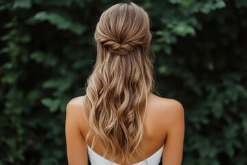 Naklejka premium Elegant half-up half-down hairstyle with cascading loose curls outdoor garden fashion photography natural light beauty concept