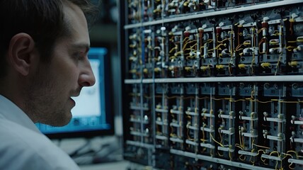 “Scientist Inspecting Complex Circuitry in High-Tech Laboratory”