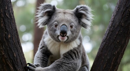 Obraz premium A closeup portrait of a fluffy koala clinging to a tree branch with a soft, blurred green background