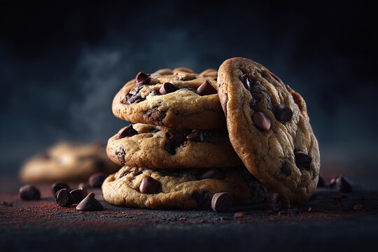 Stacked chocolate chip cookies, warm and inviting, with steam rising, on a dark surface dusted with spices