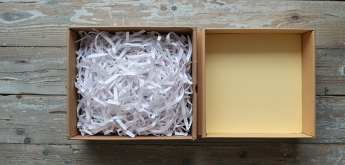 An open brown corrugated cardboard box sits on a faded wooden surface, filled with numerous white shredded paper strips, suitable for images conveying shipping, parcels, or gifts.