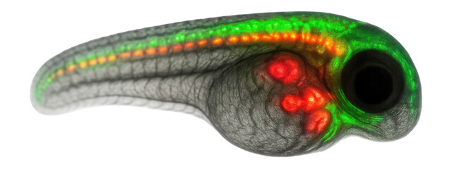 Confocal micrograph of a zebrafish embryo with fluorescent markers for neural crest cells