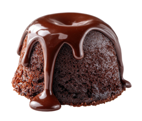 Close-up of a single, rich chocolate pudding cake.  Drizzled with melted chocolate