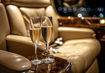 Two champagne glasses on a table inside a private jet, close-up shot, beige leather seats, bokeh background