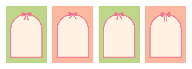 Set of pink and green backgrounds with frames, set of ribbons-bows, flirty decor. Minimalistic design of holiday cards, invitations, certificates, banners. Vector illustration for weddings, birthdays,