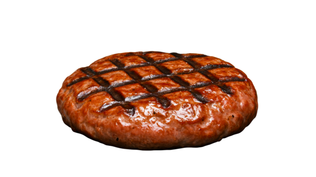 Juicy grilled burger patty on transparent background for food graphics