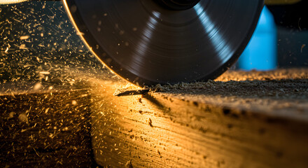 Circular Saw Blade Cuts a Wood Plank Sending Golden Sparks in Dark Workshop