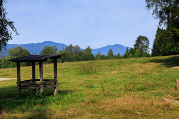 Mountain panorama with summit Gro&szlig;er Arber with radar dome (radome) and feeding site seen from Bavarian Forest National Park Falkenstein near Ludwigsthal (Lindberg), Germany