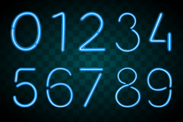 Decorative numbers in the form of neon lamps. blue color print on black background with fog effect