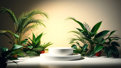 Fototapeta premium Elegant white podium on a stage with lush tropical plants and soft warm lighting. A modern, minimalist scene for product presentation.